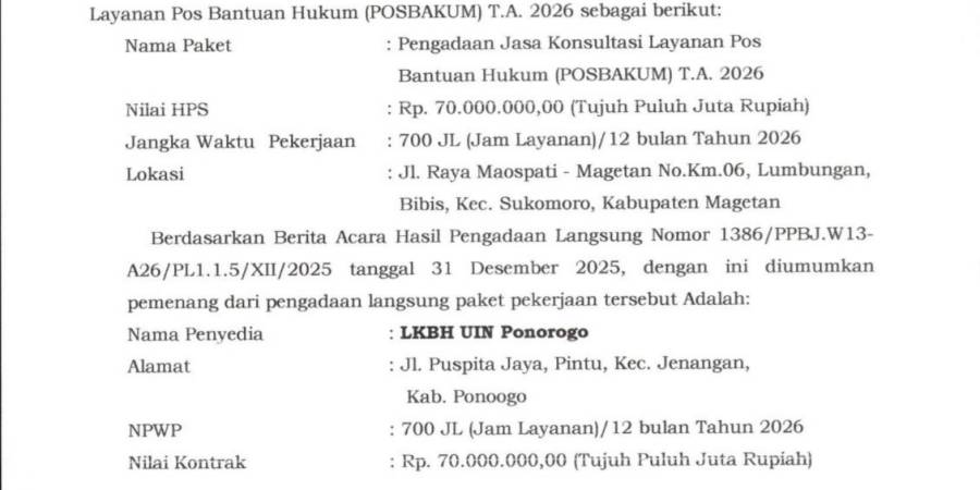 Pengumuman Pemenang Pengadaan POSBAKUM Tahun Anggaran 2026
